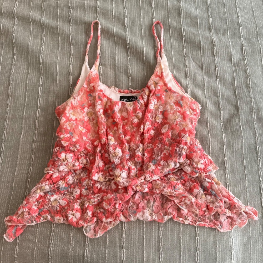 Vintage Wet Seal Coral Pink Floral Lace Tiered Ruffle Cami Tank Top Y2K Medium